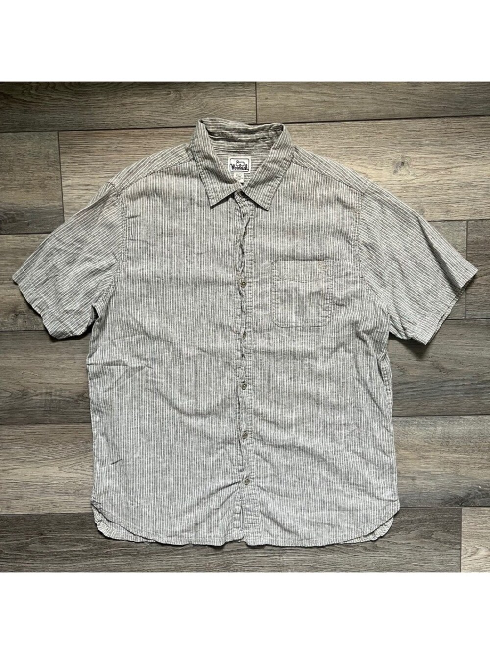 Woolrich Men's XL Button Down Short Sleeve Striped Shirt Hemp Cotton Gray